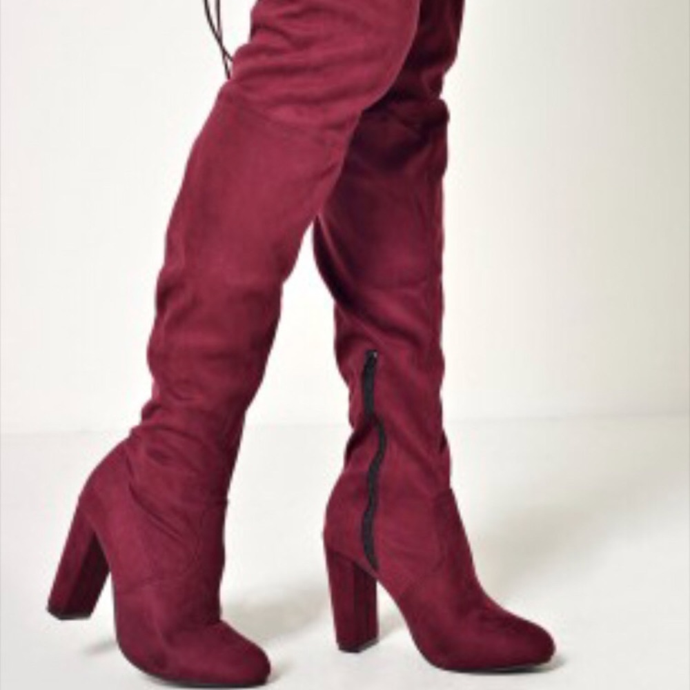 Burgundy/wine thigh high tie back boots